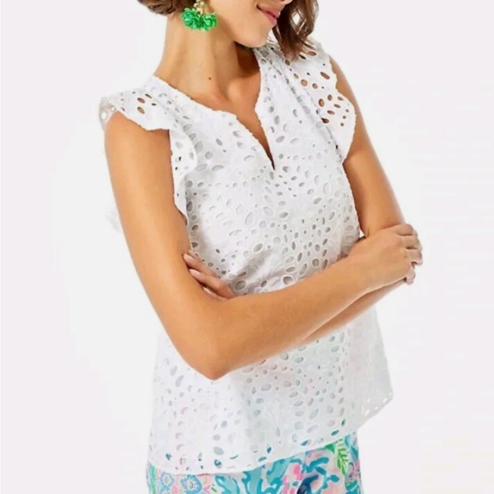 Lilly Pulitzer White Eyelet Blouse with Ruffle Sleeves